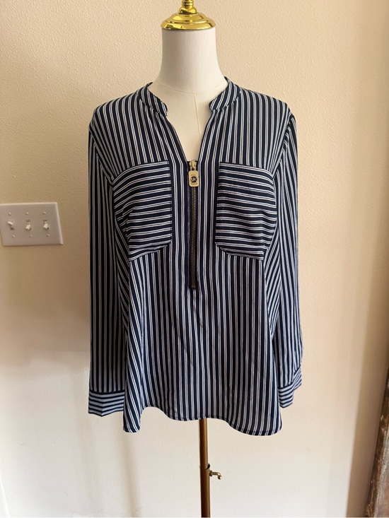 Michael Kors Tops - Michael Kors Navy and White Striped Zip-Front Blouse